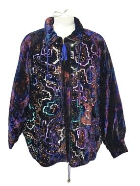 VTG 90s JA Resort Velvet Bomber Jacket L Oversized Art to Wear Jewel Whimsigoth